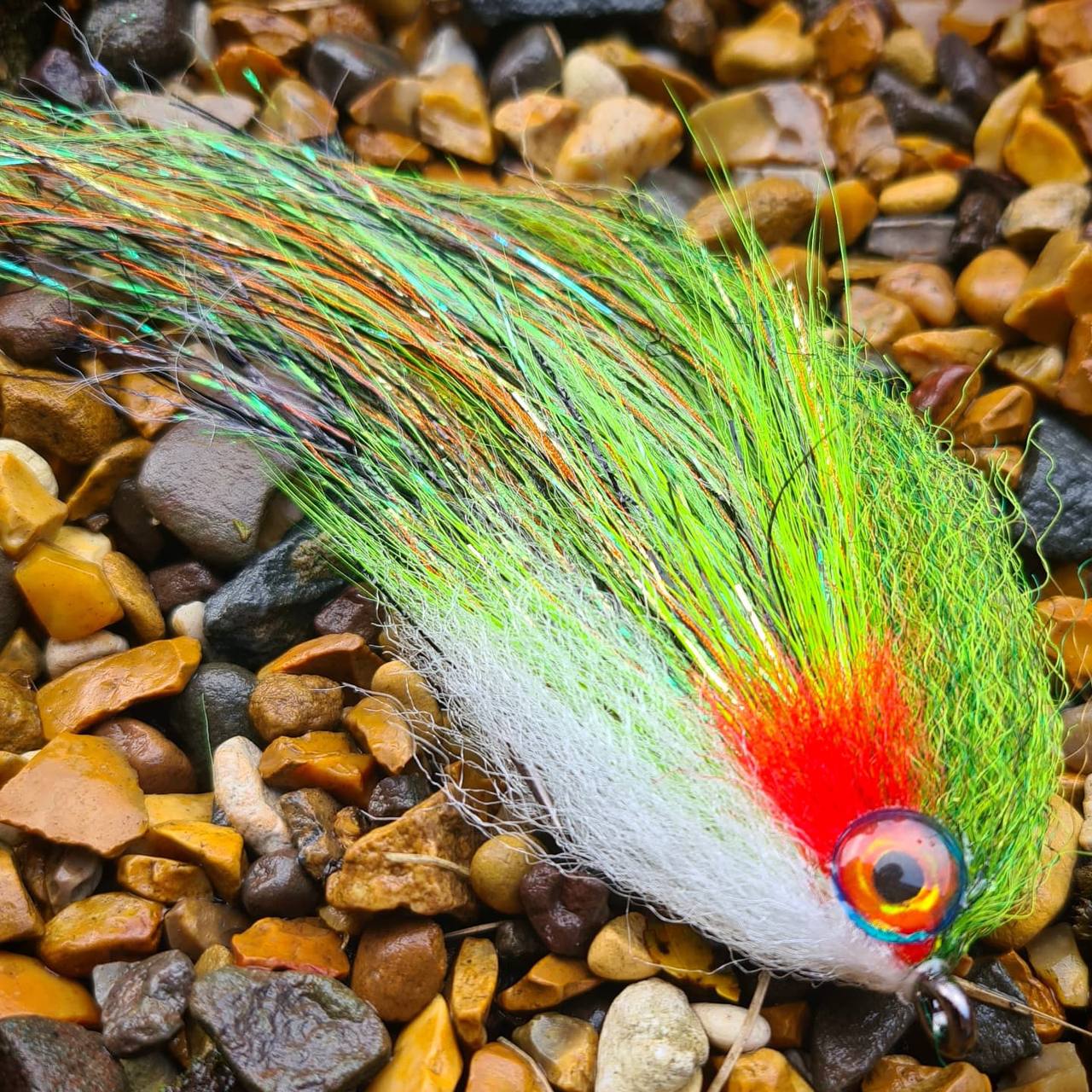 A chartreuse pike fly resting on gravel